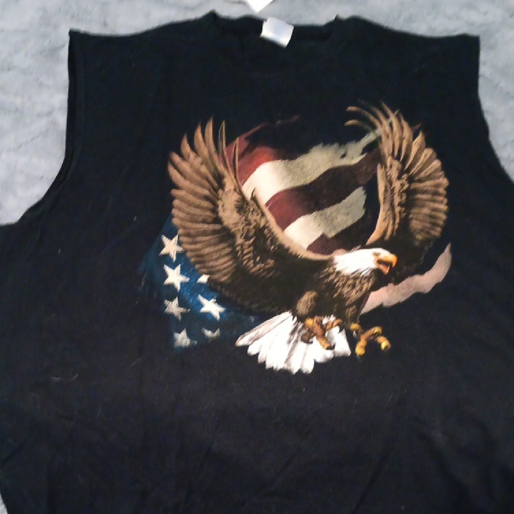 Black Sleeveless Tee with Bald Eagle and American Flag Graphic